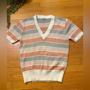 Vintage Striped V-Neck Short Sleeve Sweater